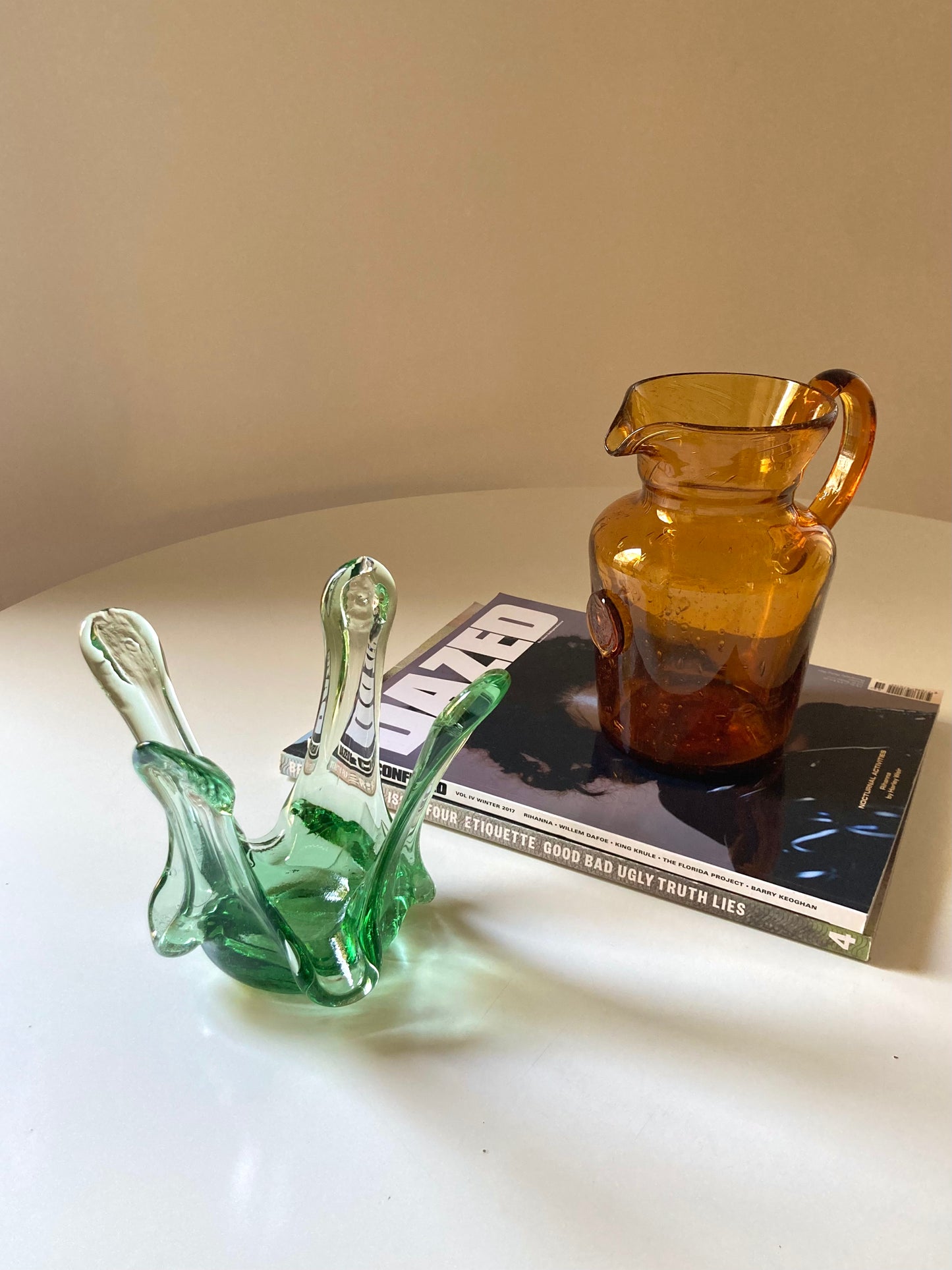 Green glass candle holder centrepiece