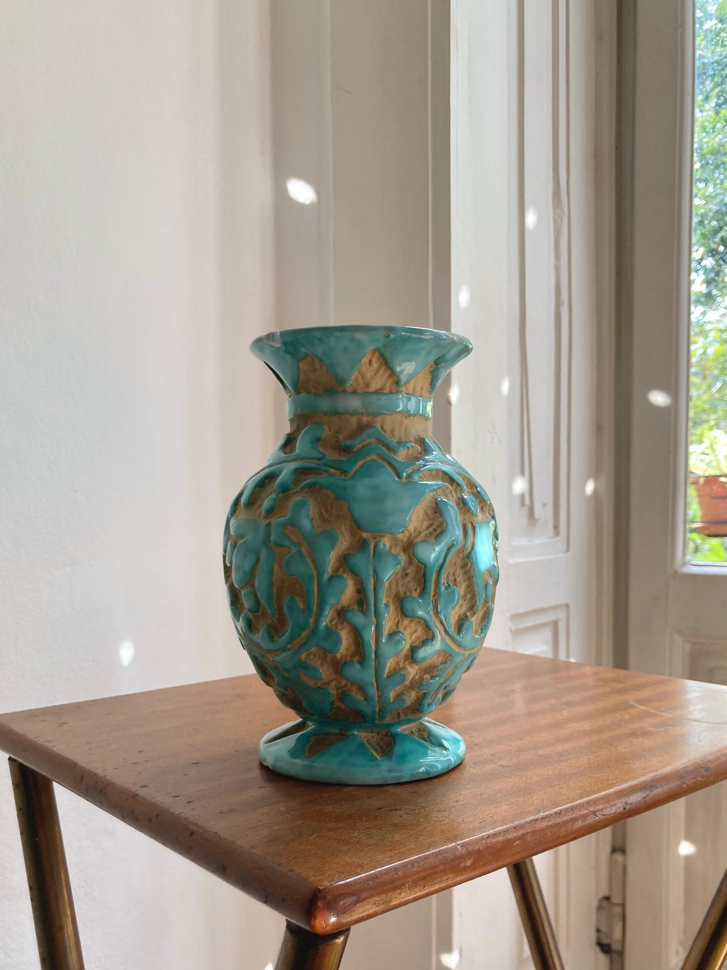 Vintage majolica vase with relief decoration