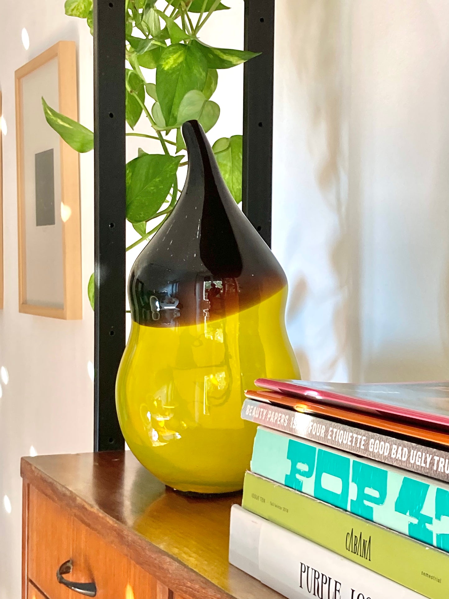 Large decorative yellow and brown glass vase