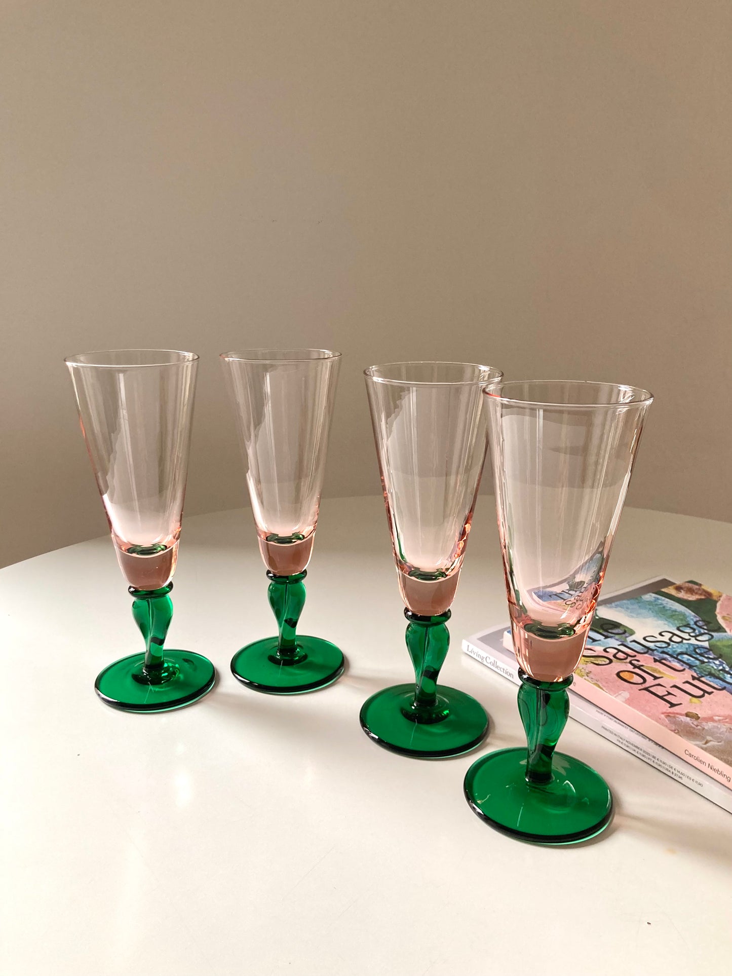 Large vintage pink and green flute glasses