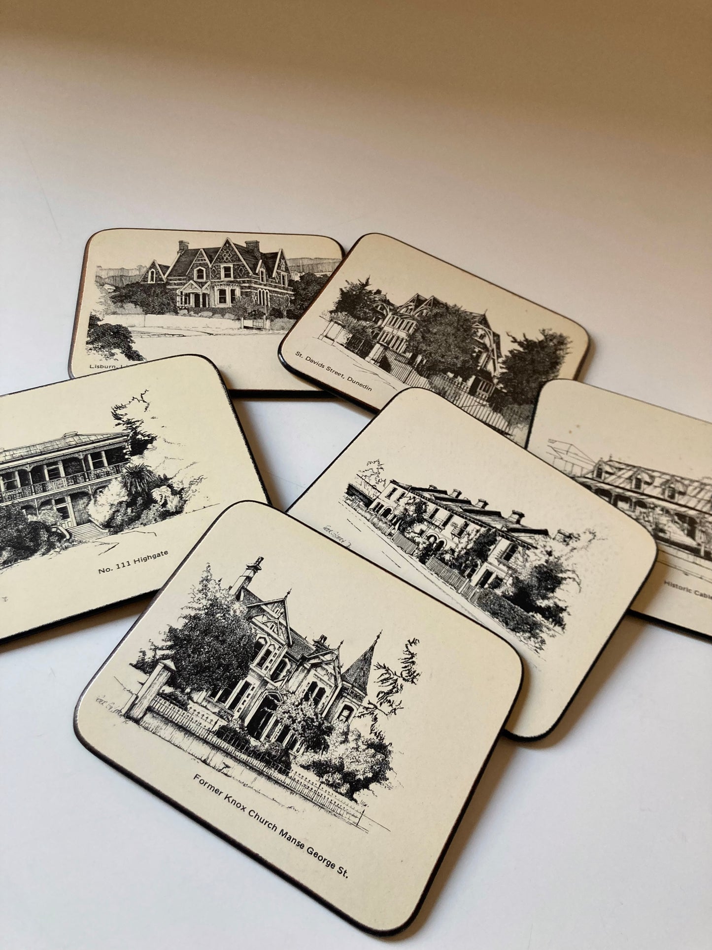 Set of 6 vintage coasters with Victorian illustrations