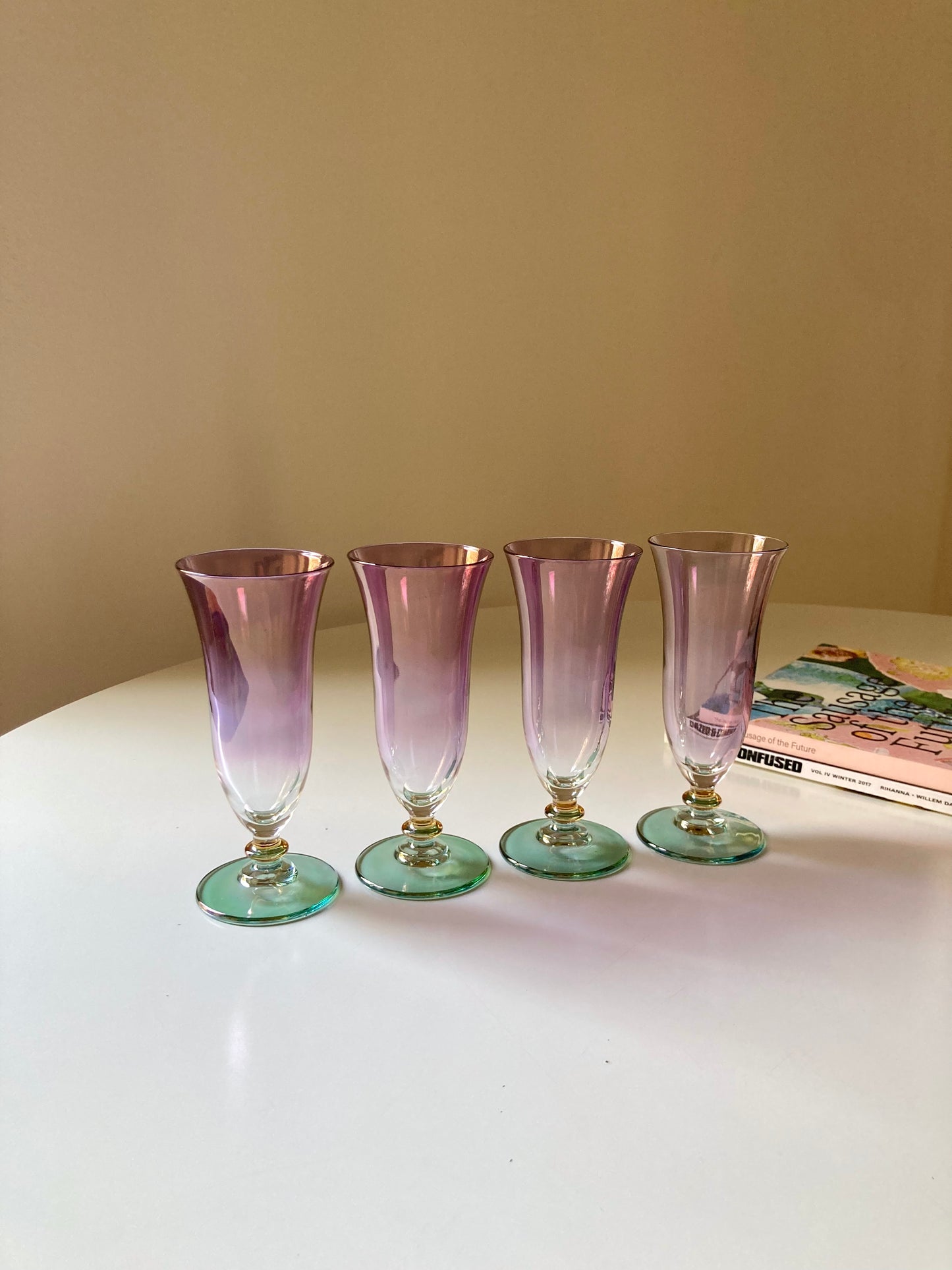 Set of 4 purple iridescent glass goblets