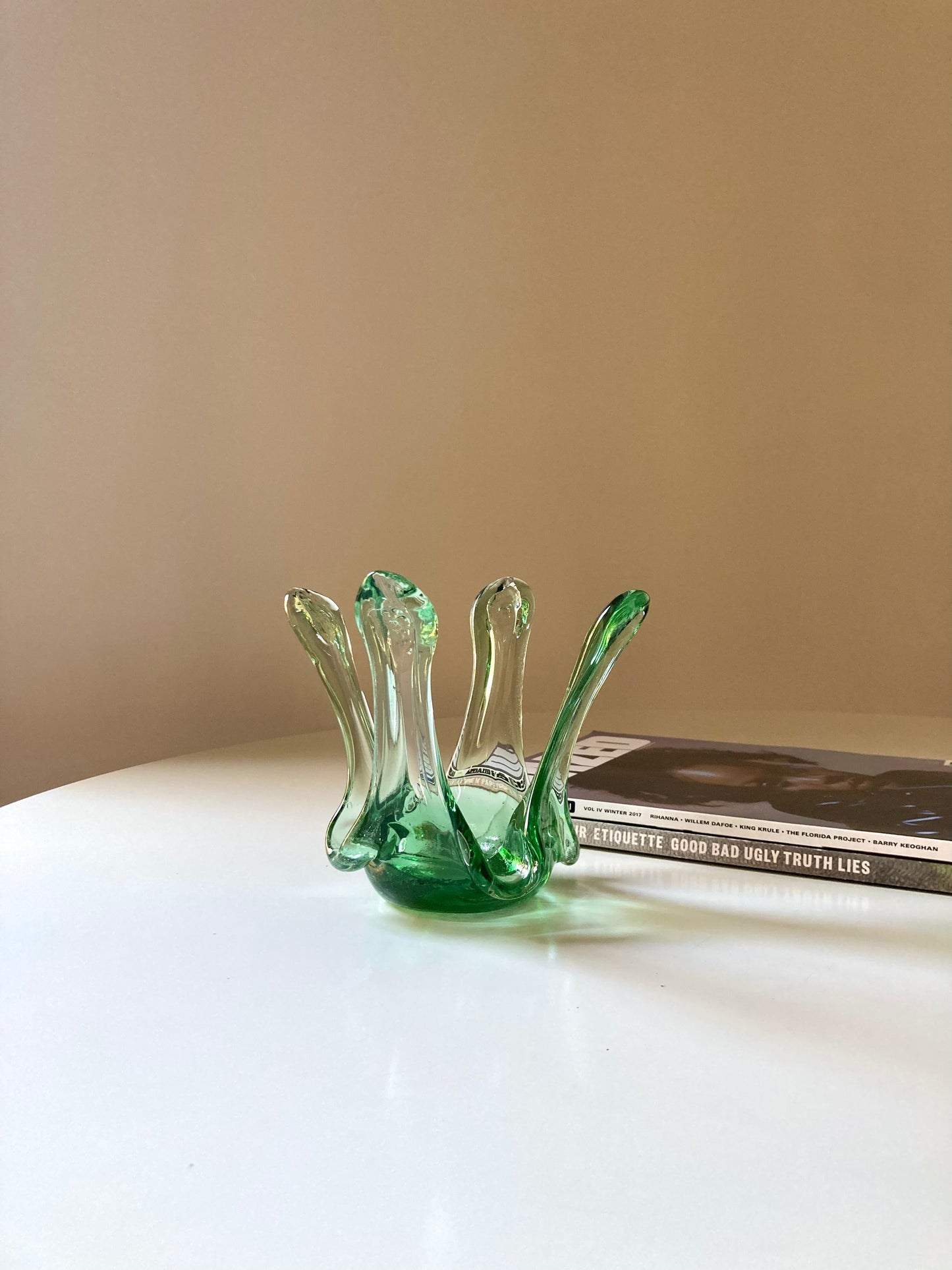 Green glass candle holder centrepiece 