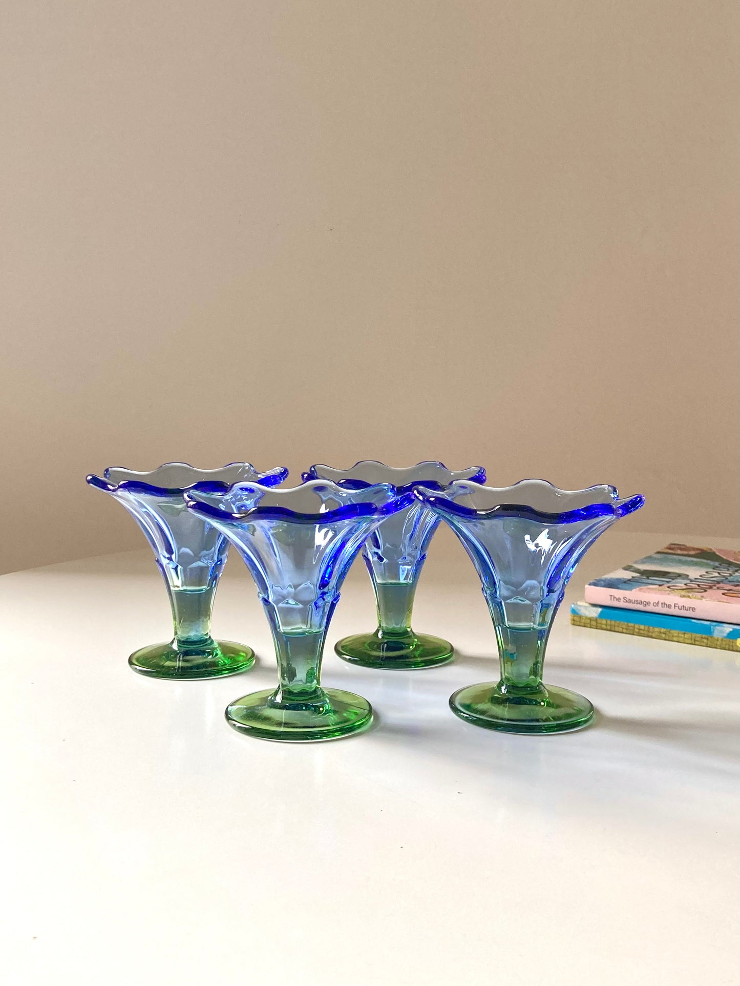 Set of 4 blue and green glass cups