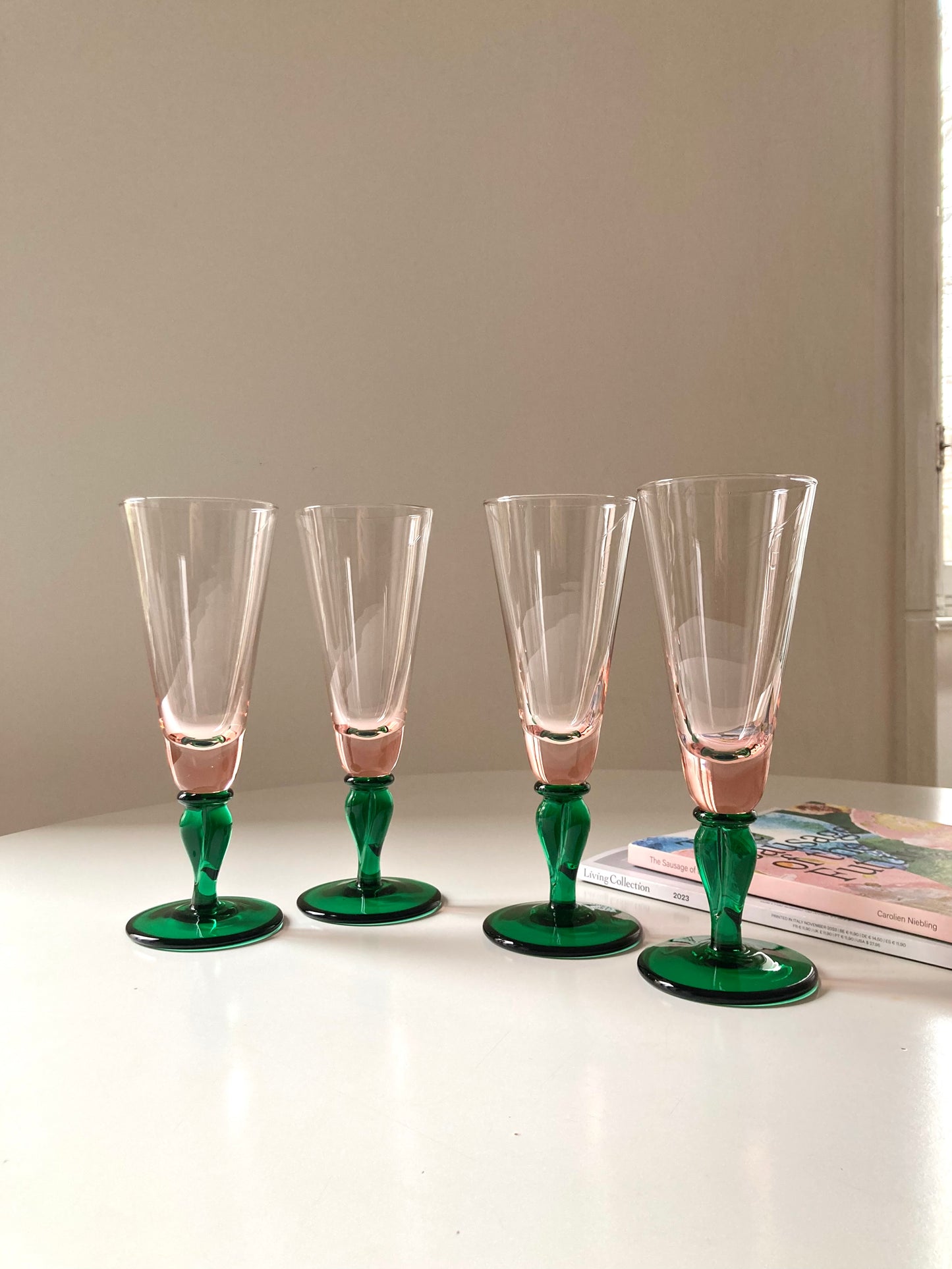 Large vintage pink and green flute glasses