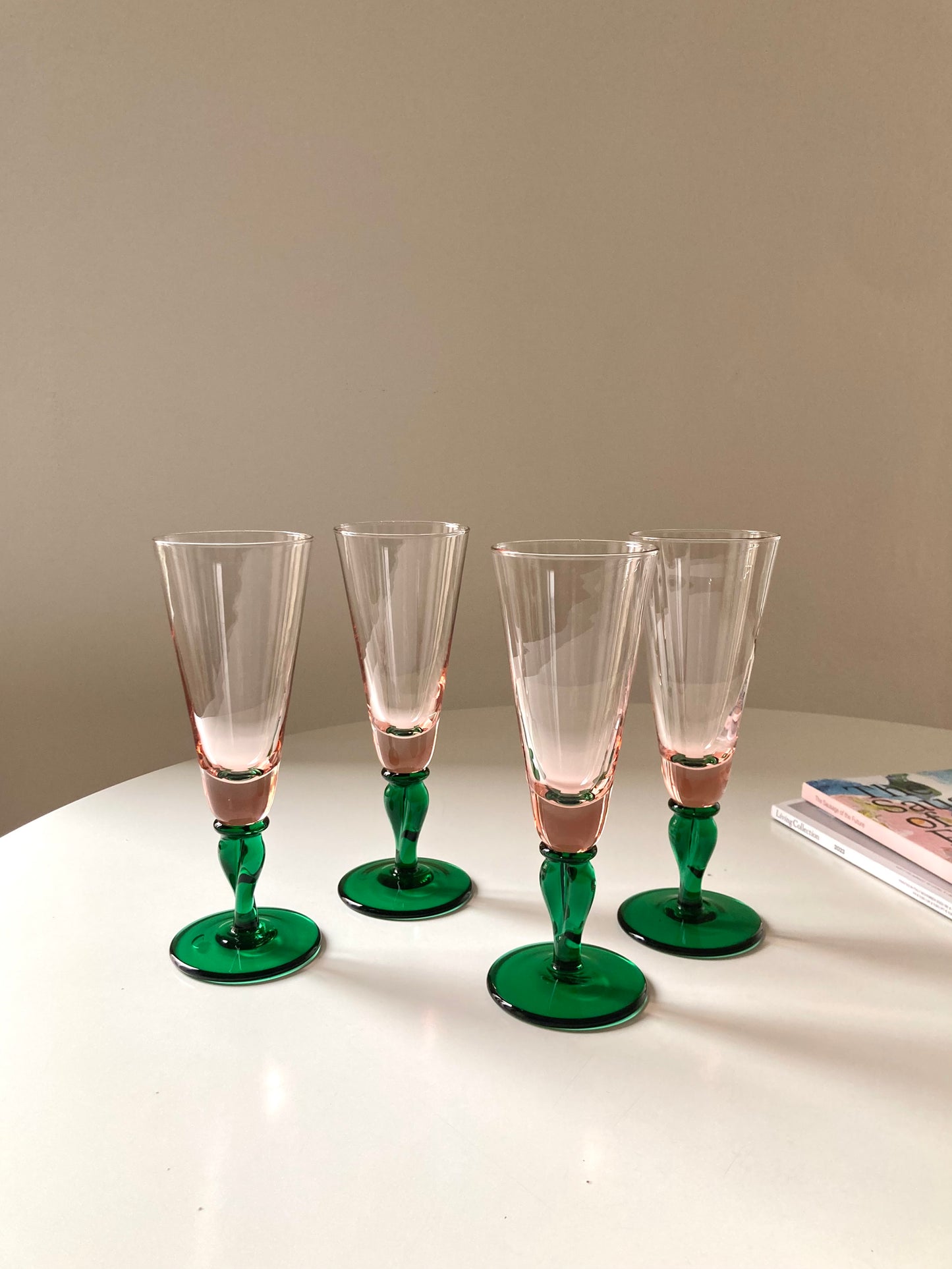 Large vintage pink and green flute glasses