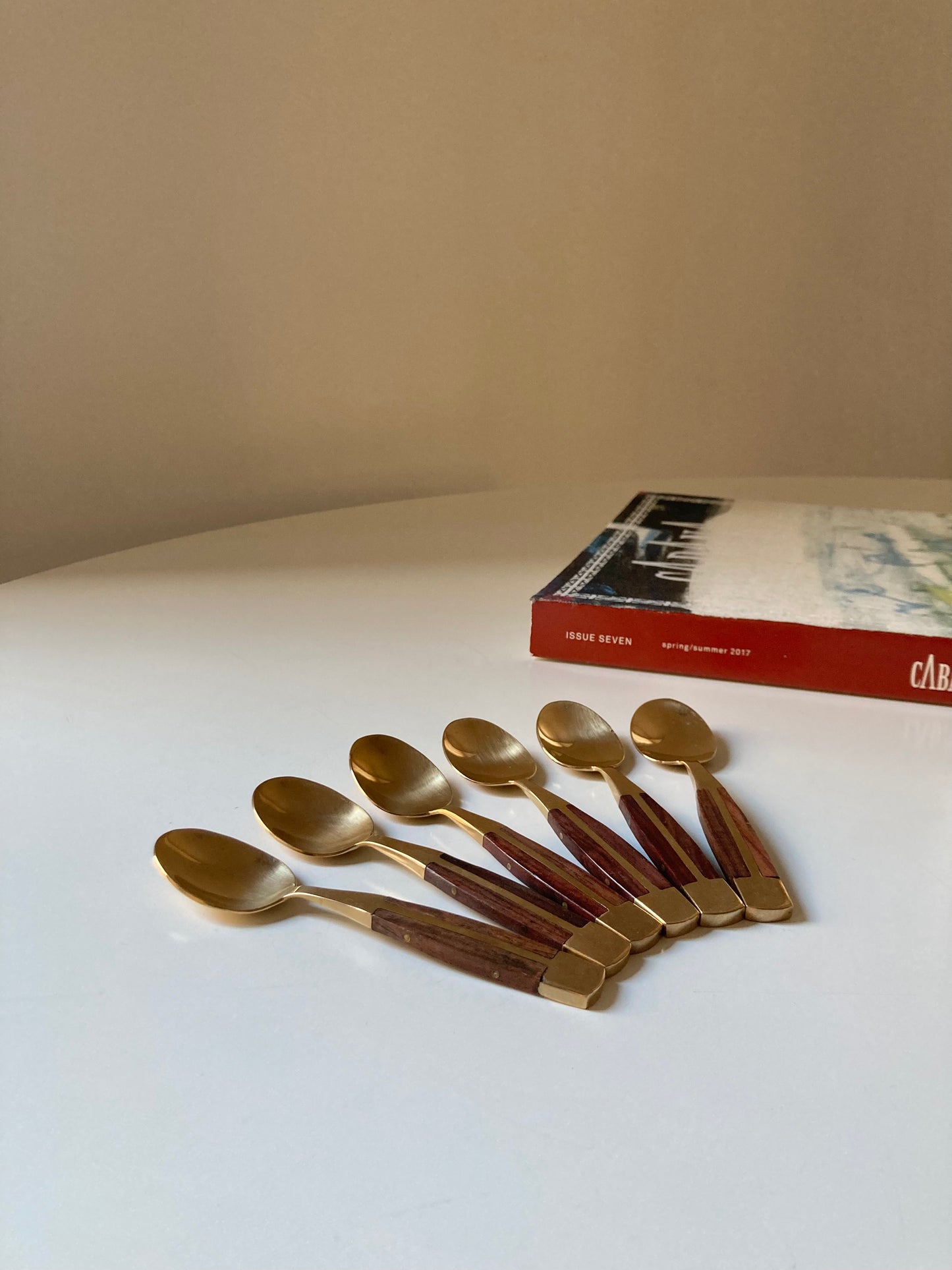 Set of 6 brass and teak teaspoons