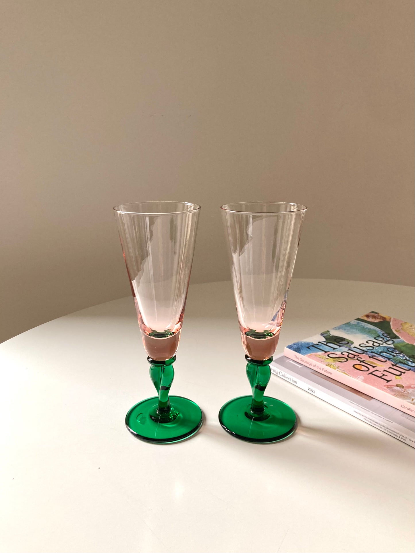 Large vintage pink and green flute glasses