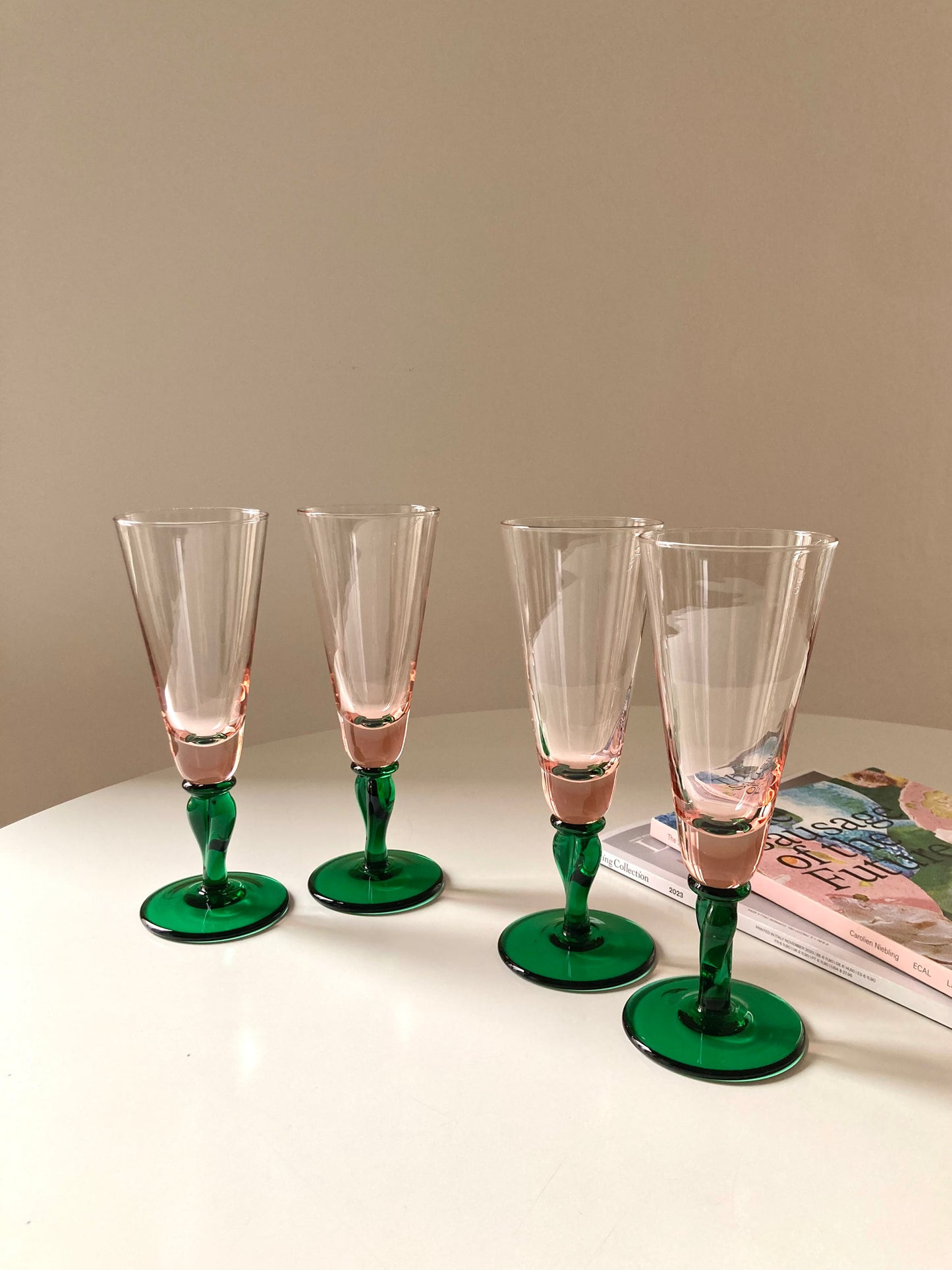 Large vintage pink and green flute glasses