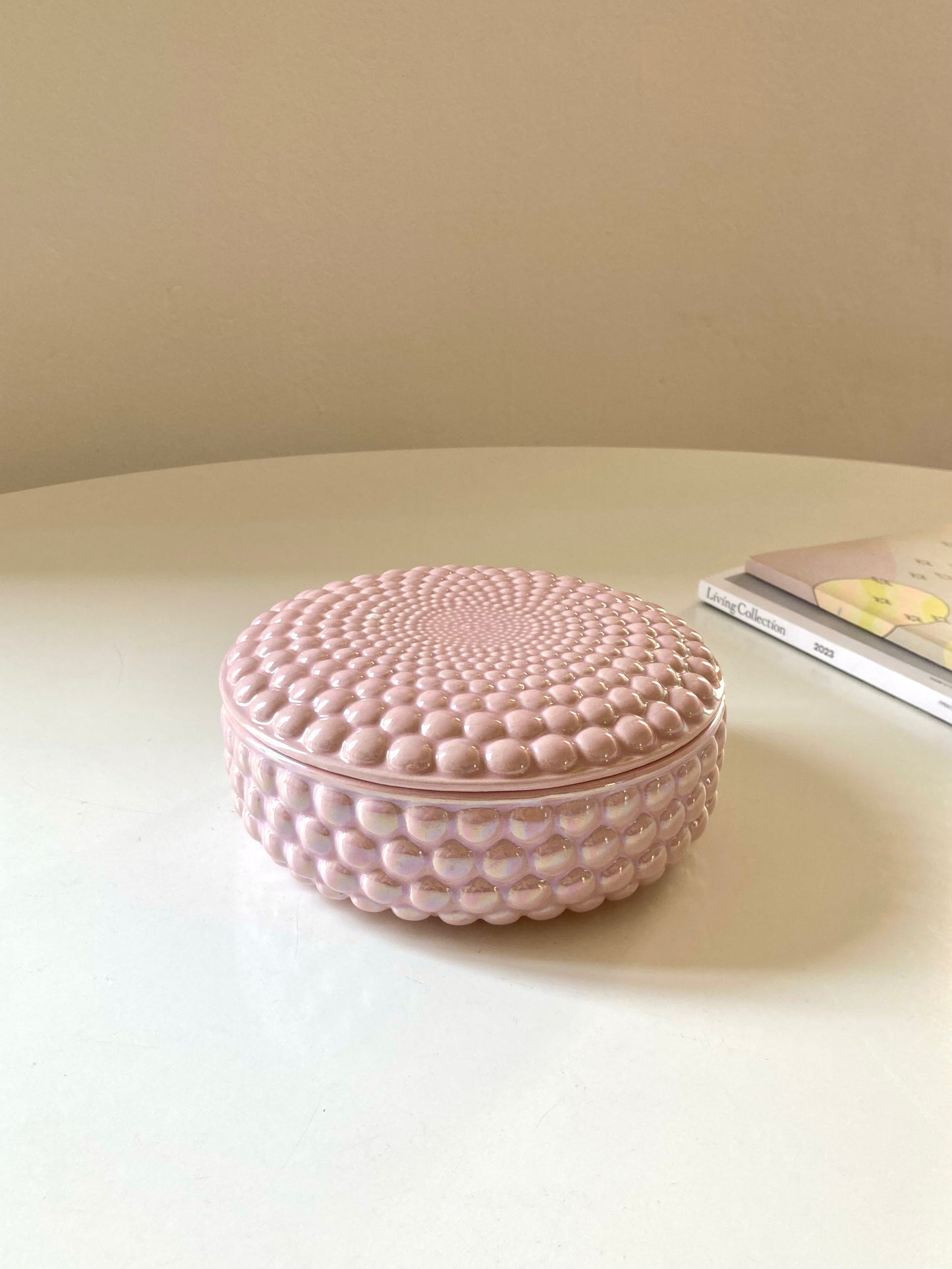 Iridescent pink round jewelery box