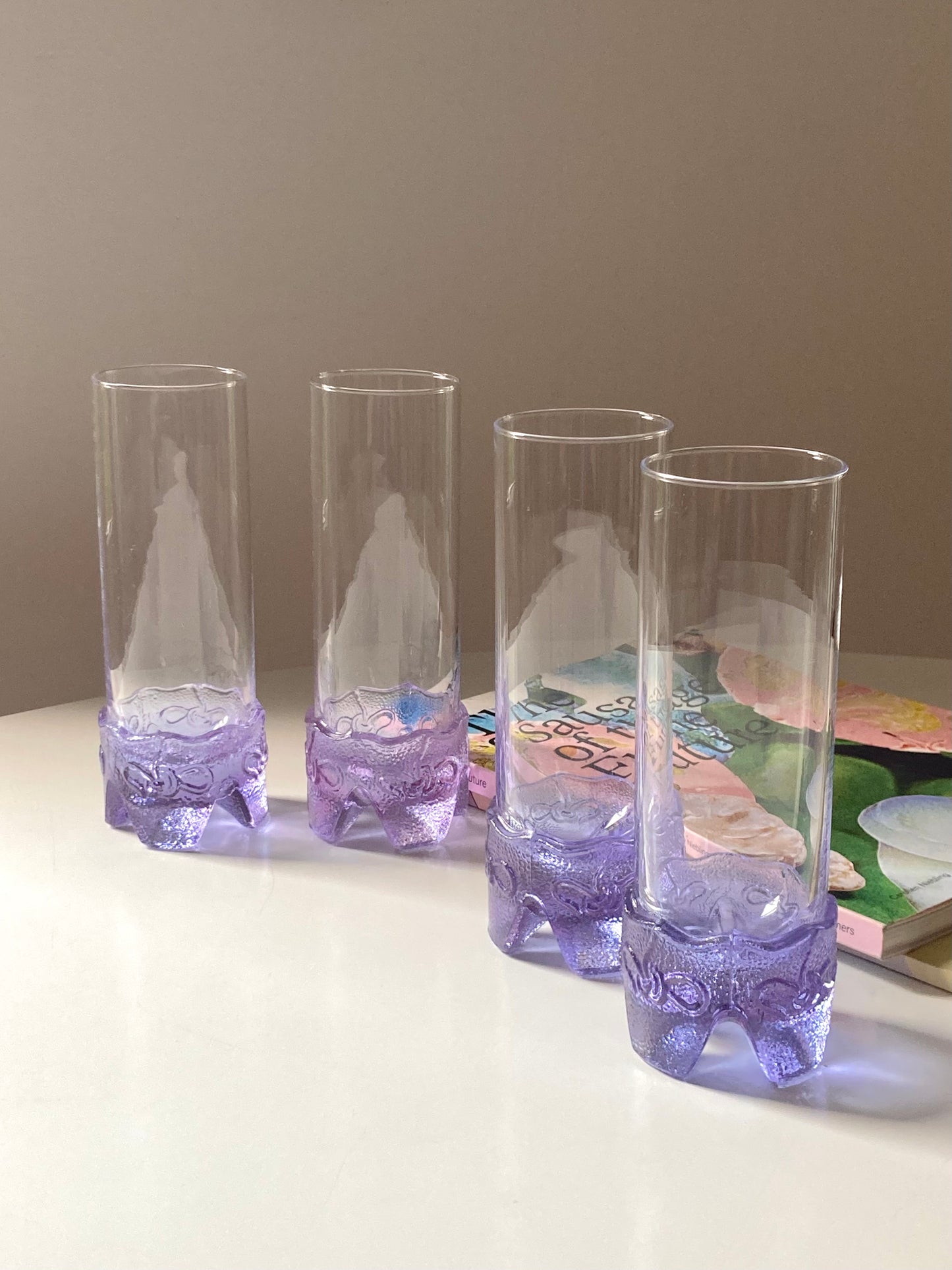 Set of 6 tall vintage glasses with lilac base