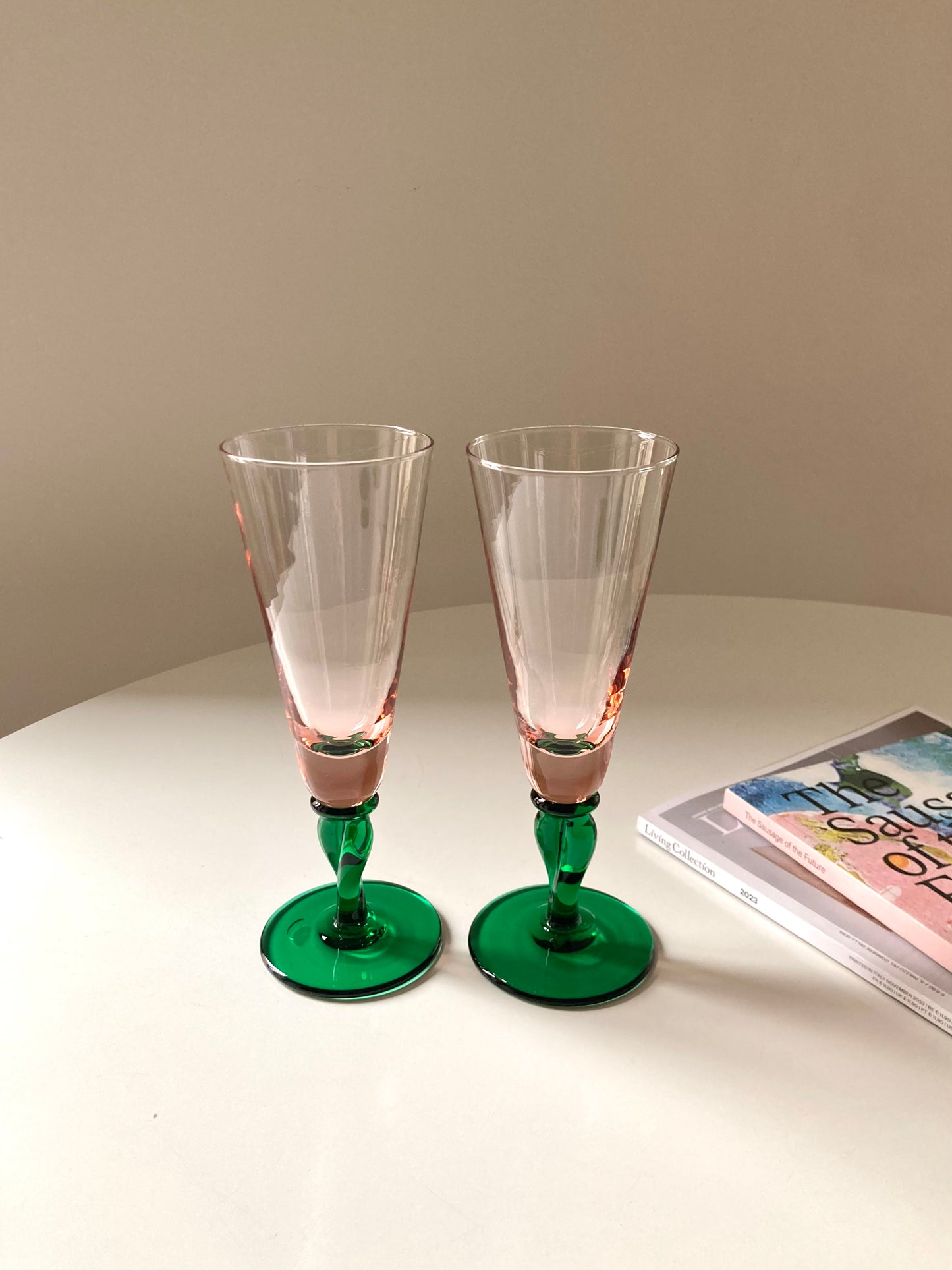 Large vintage pink and green flute glasses