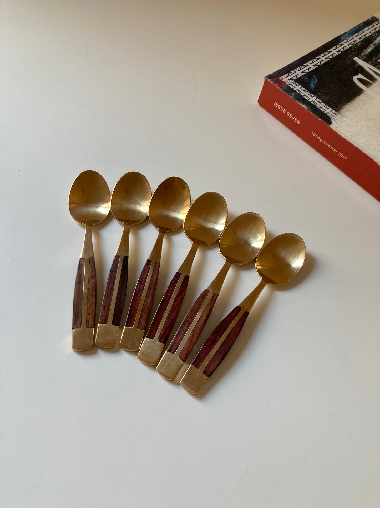 Set of 6 brass and teak teaspoons