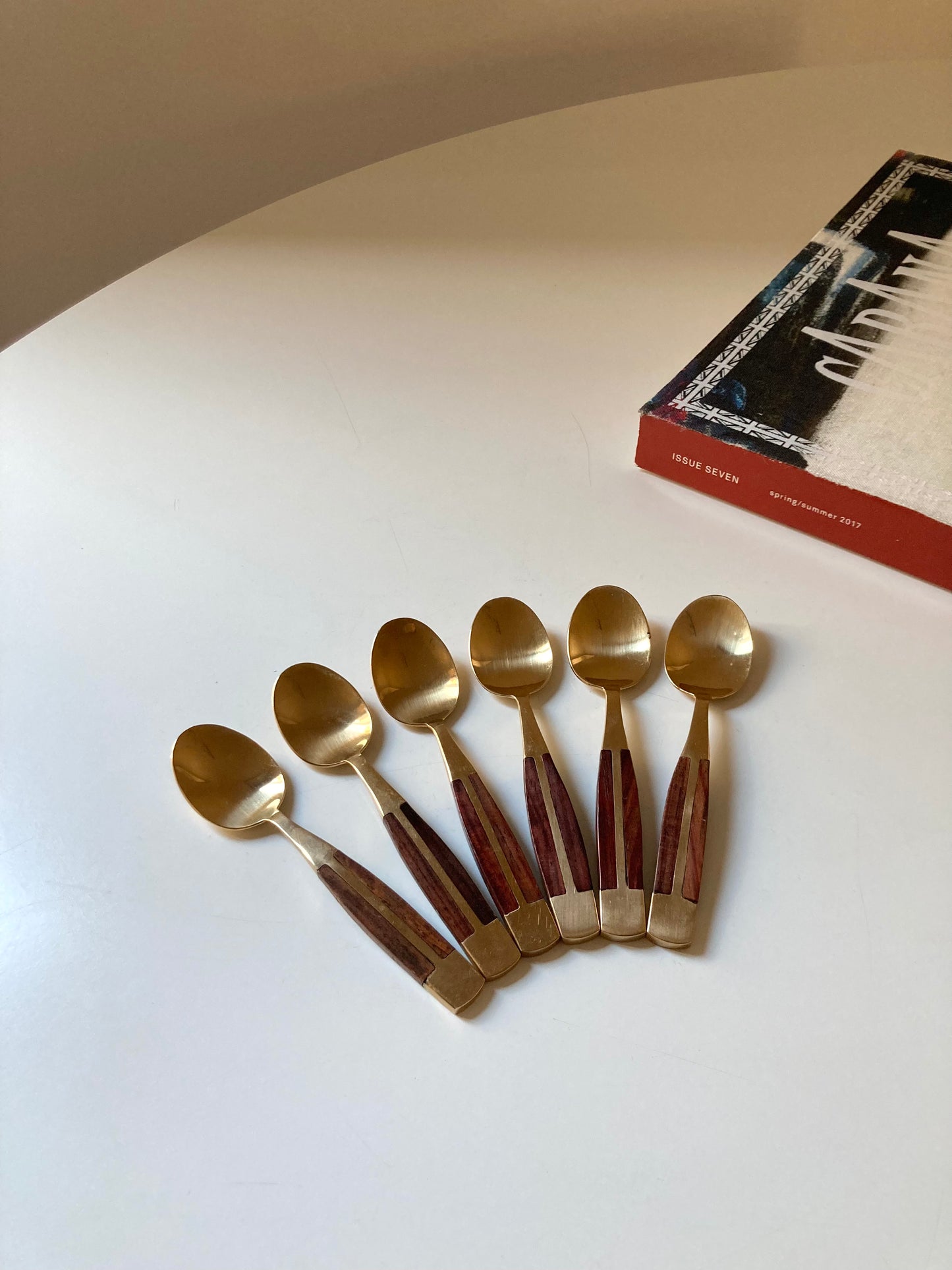 Set of 6 brass and teak teaspoons