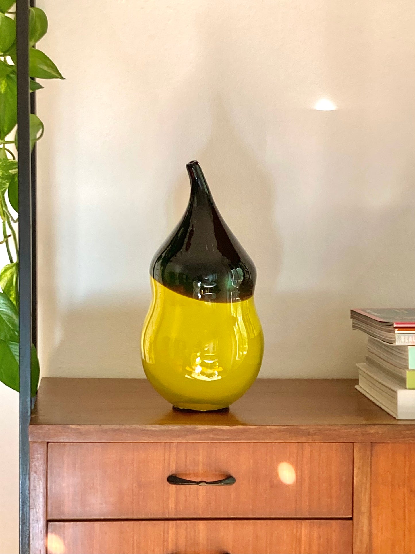 Large decorative yellow and brown glass vase