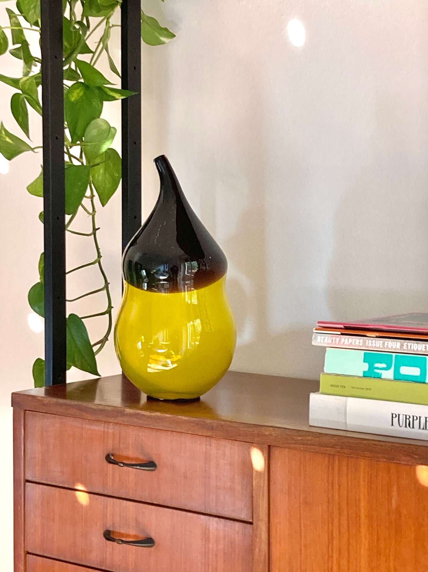 Large decorative yellow and brown glass vase