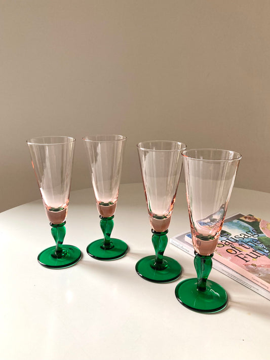 Large vintage pink and green flute glasses