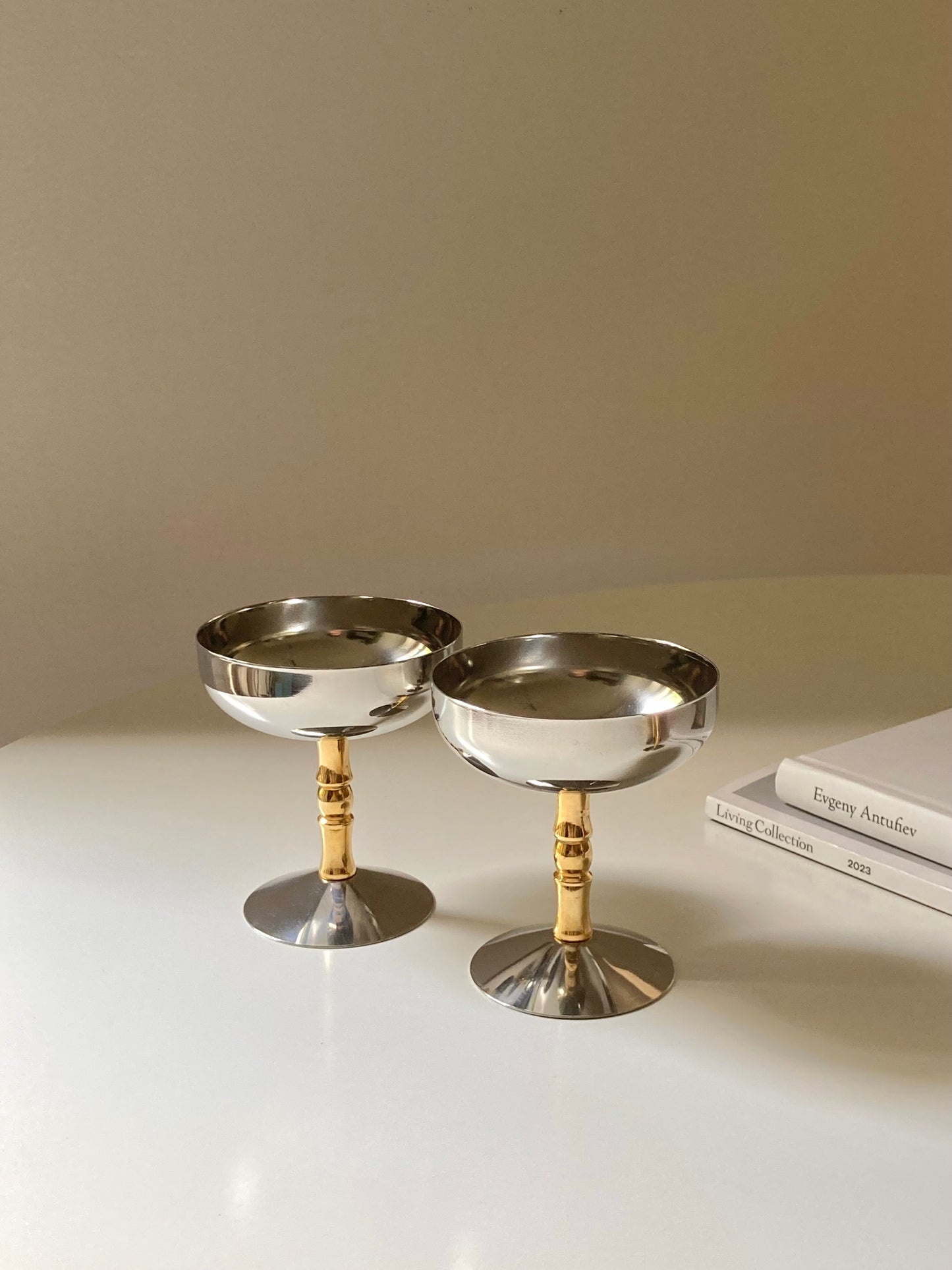 Set of 6 steel cups with golden stem