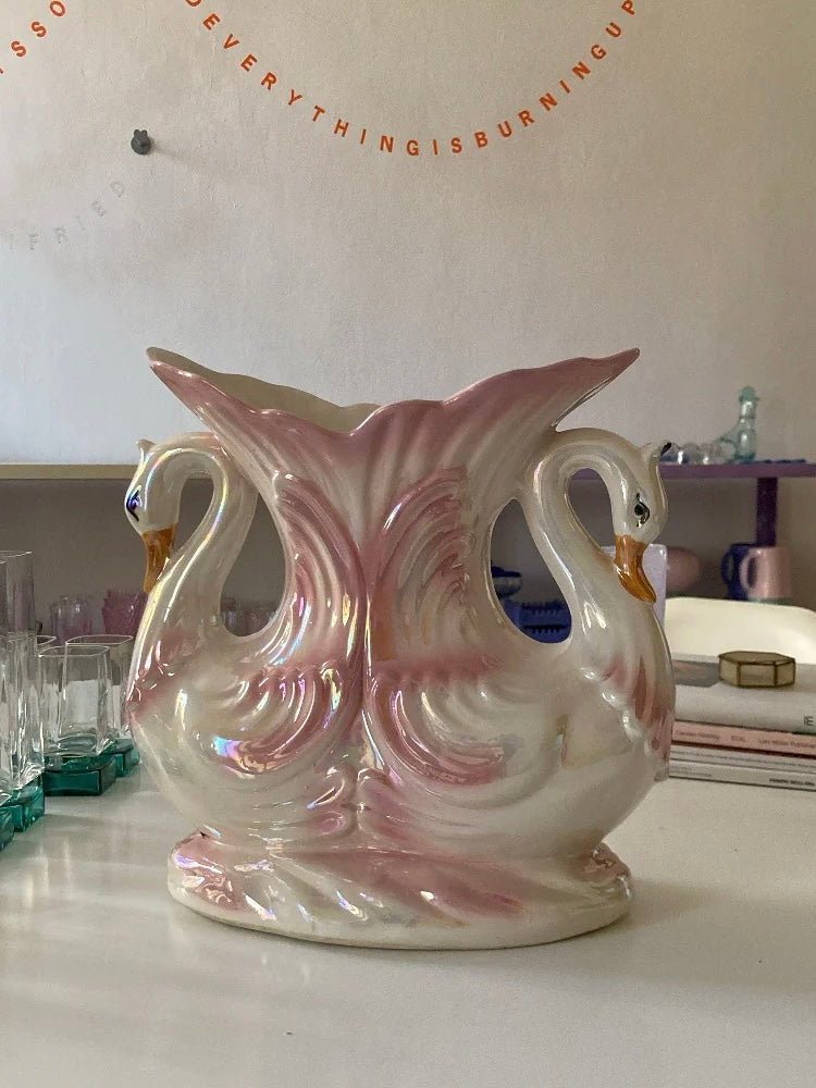 Grande vaso con cigni rosa Capodimonte
