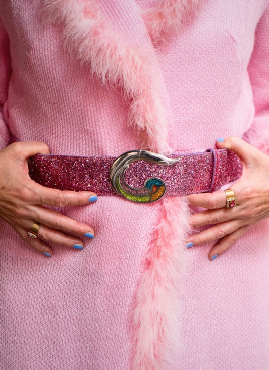 Handmade belt with chunky glitter fabric and silver glitter buckle