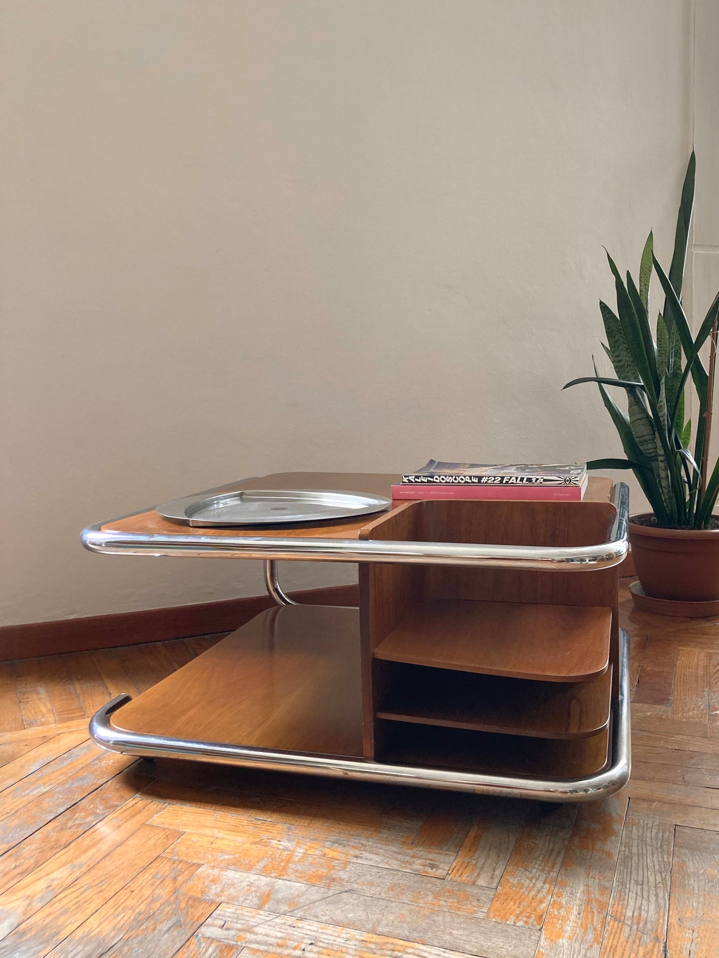 Square wooden coffee table with chromed profile