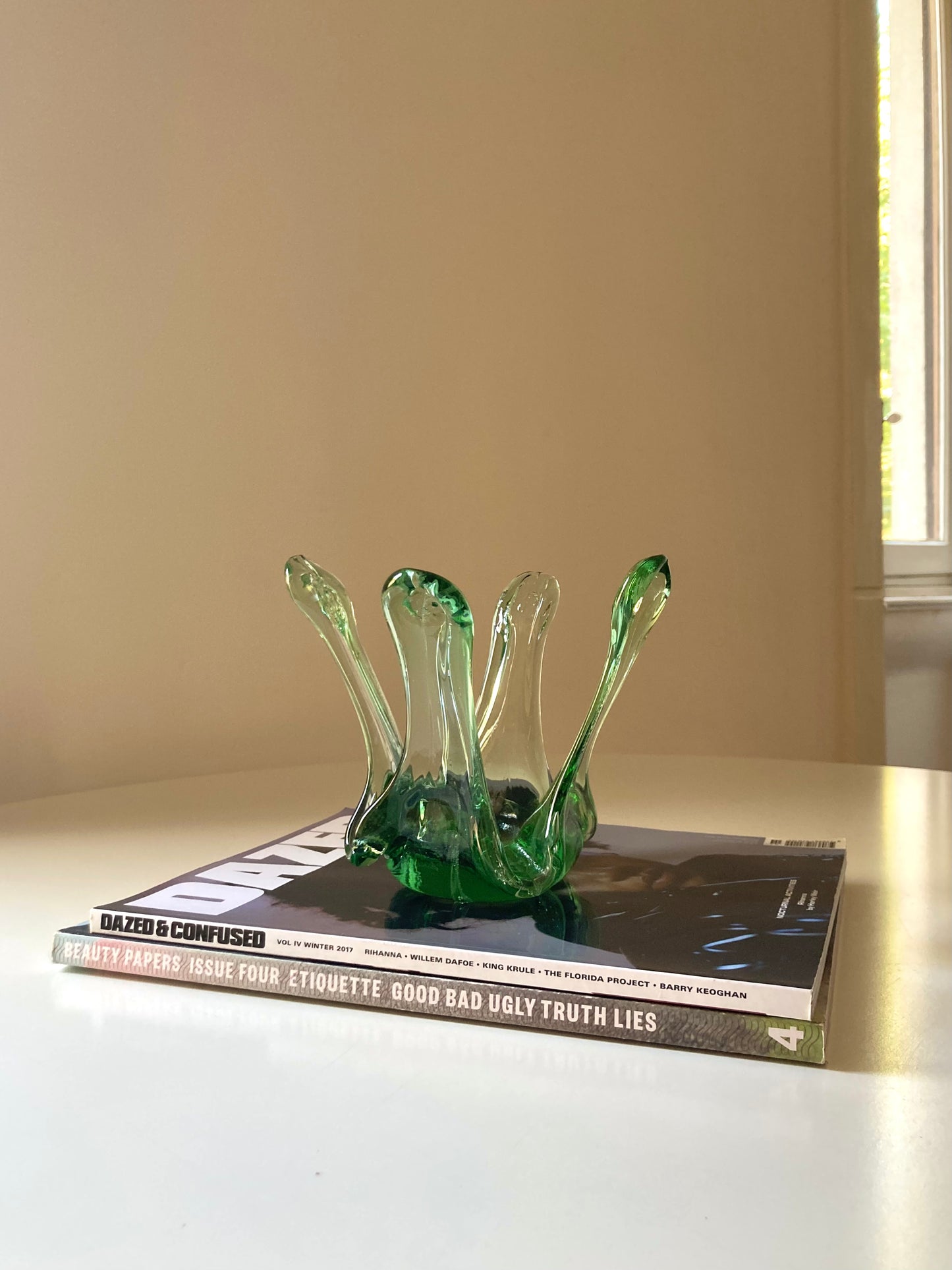 Green glass candle holder centrepiece 