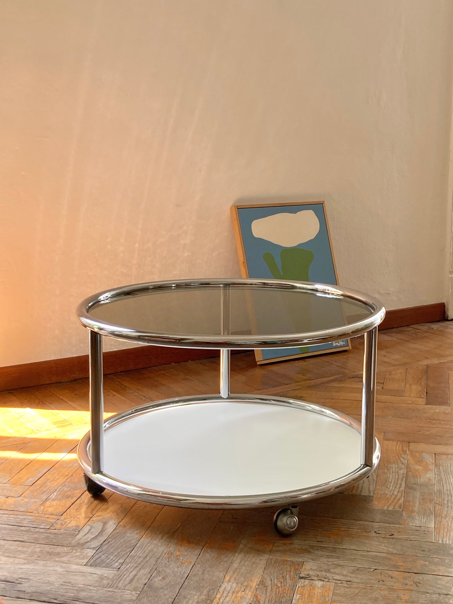 Vintage round coffee table with chrome profiles