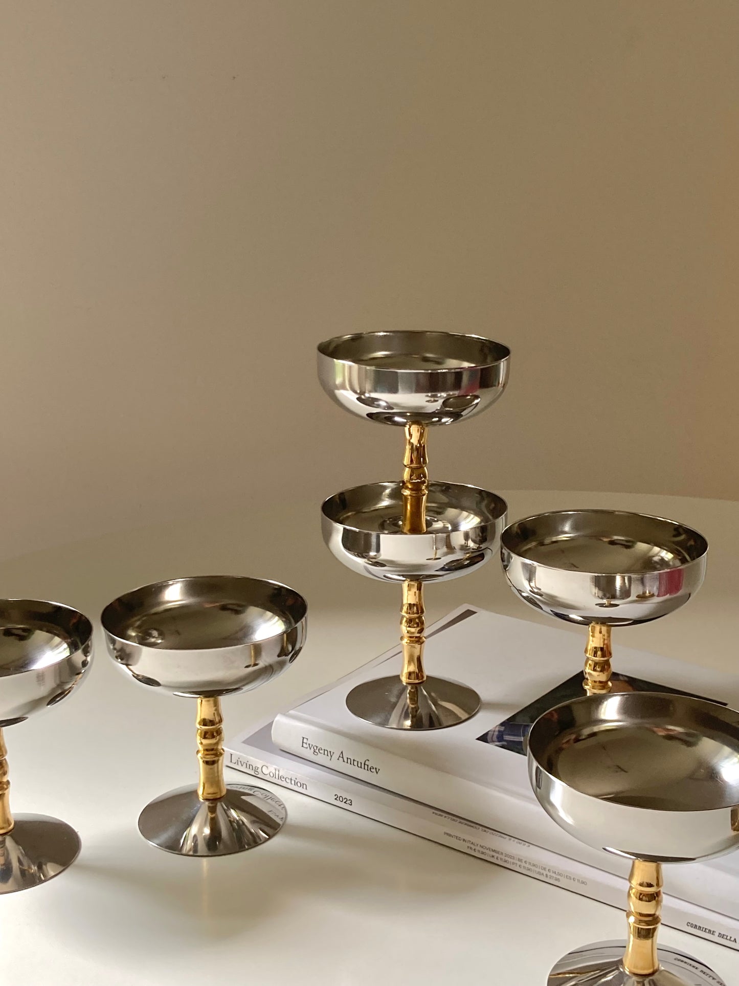 Set of 6 steel cups with golden stem