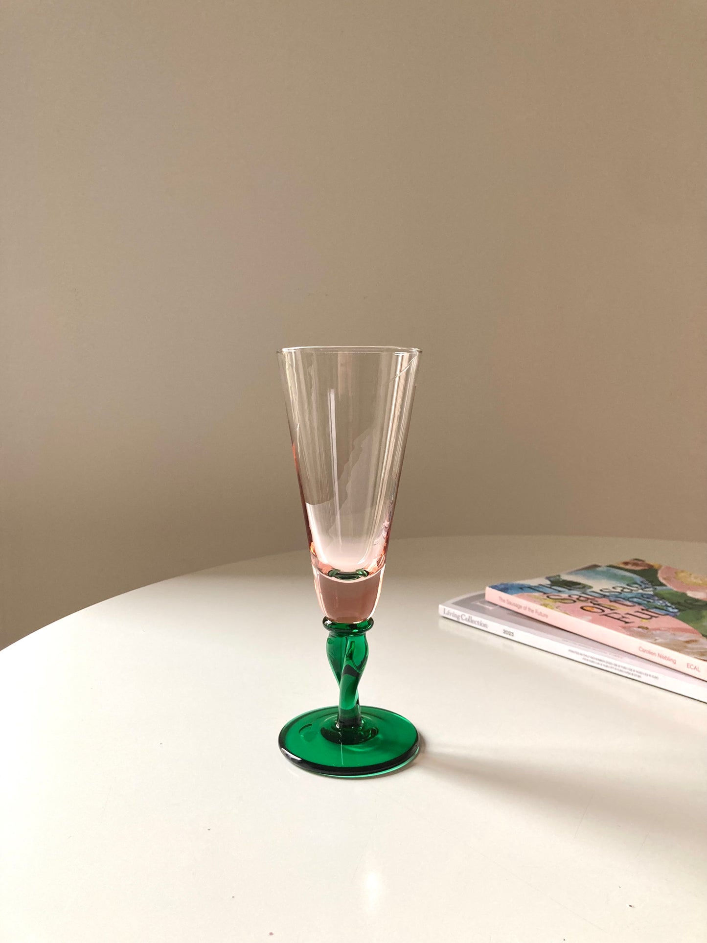 Large vintage pink and green flute glasses