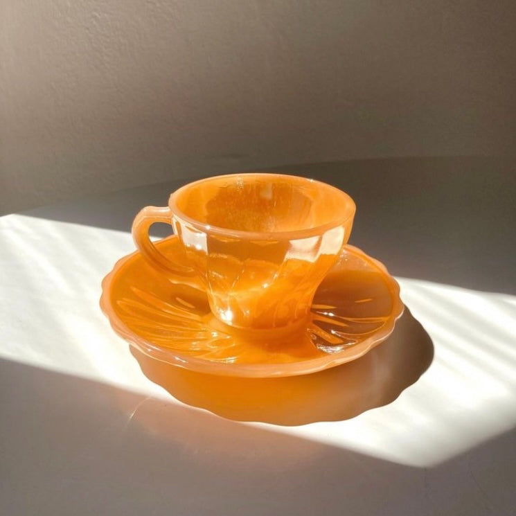 Orange iridescent glass coffee cup set