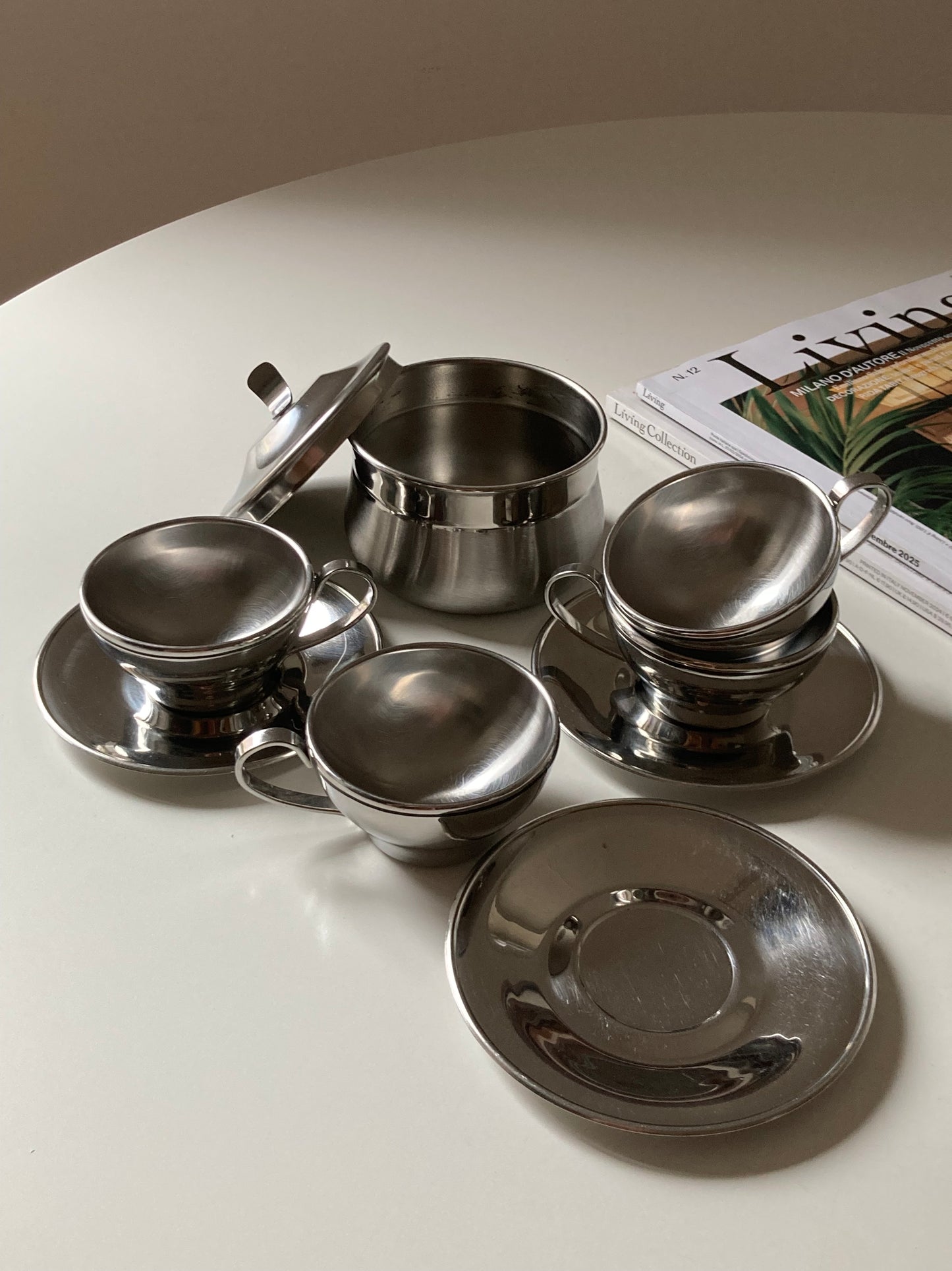 Set 6 tazzine in acciaio con zuccheriera