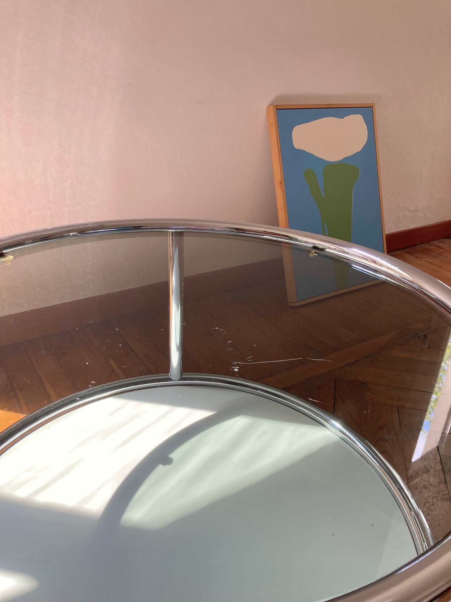 Vintage round coffee table with chrome profiles