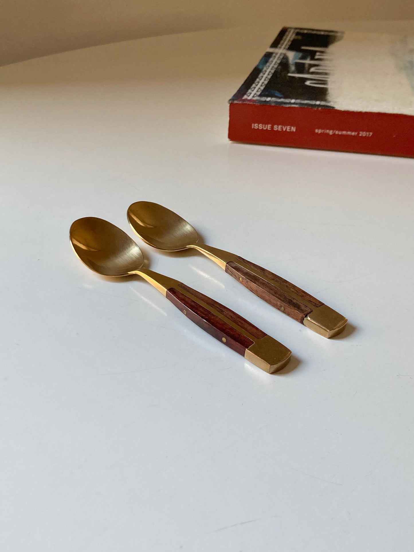 Set of 6 brass and teak teaspoons