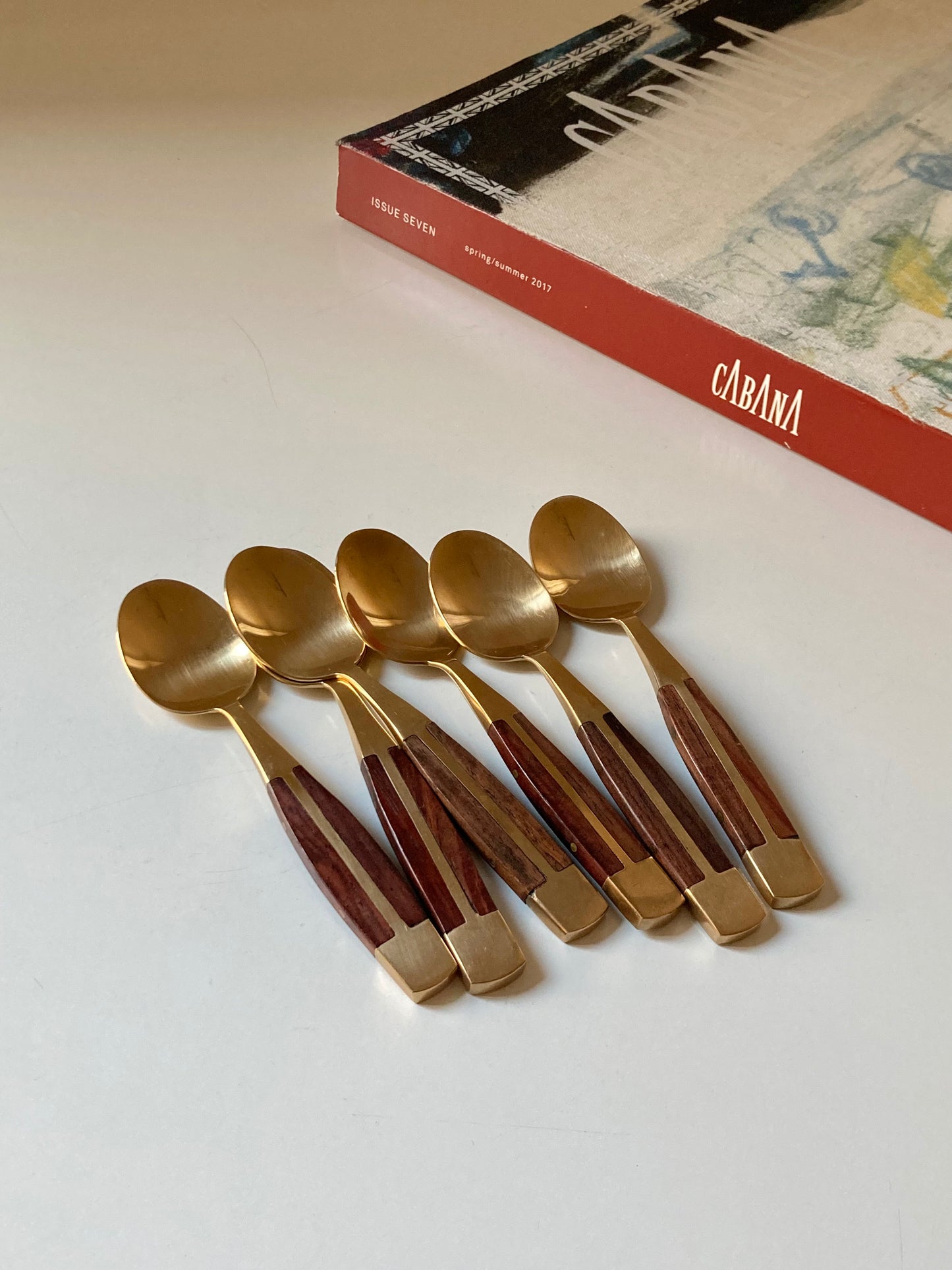 Set of 6 brass and teak teaspoons