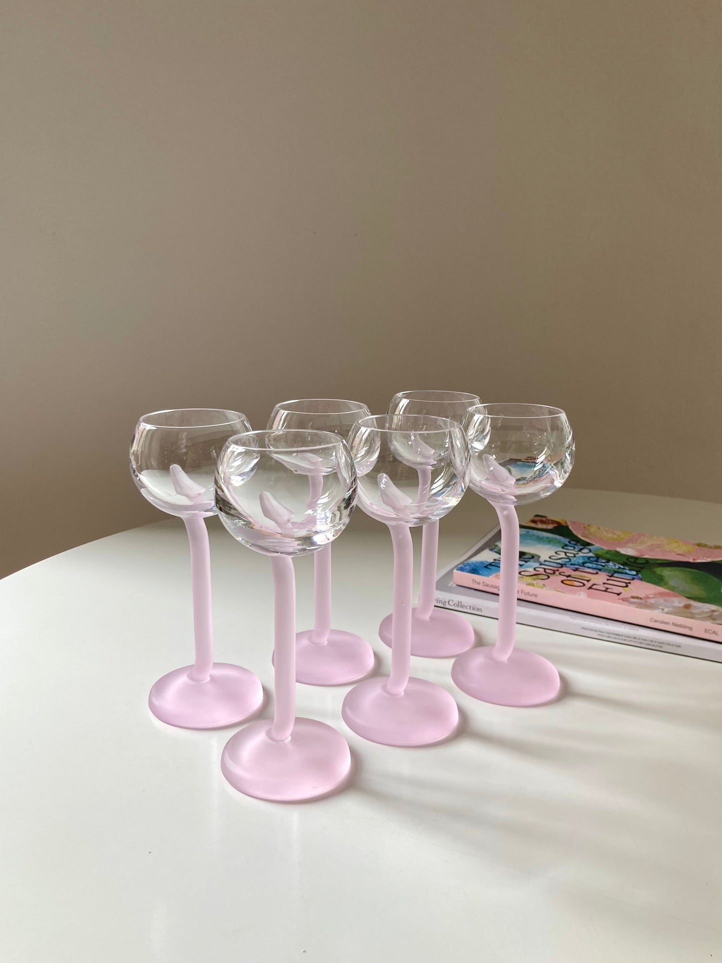 Set of 6 vintage pink stem glasses