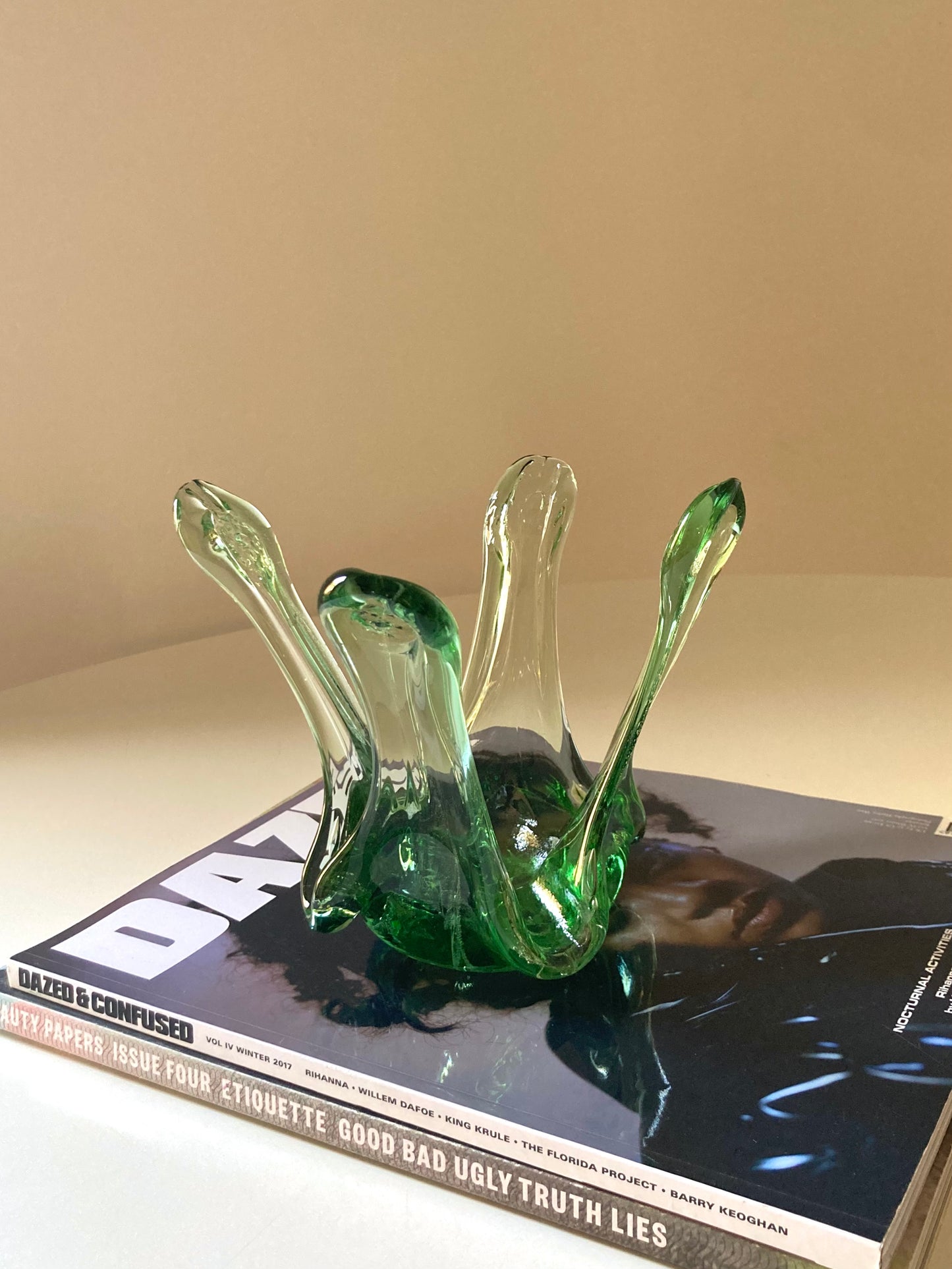 Green glass candle holder centrepiece 