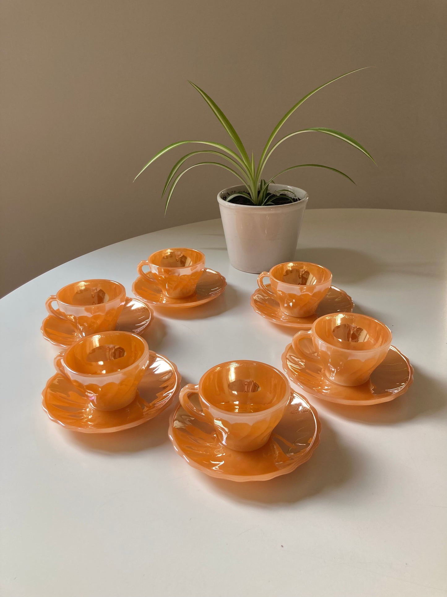 Orange iridescent glass coffee cup set