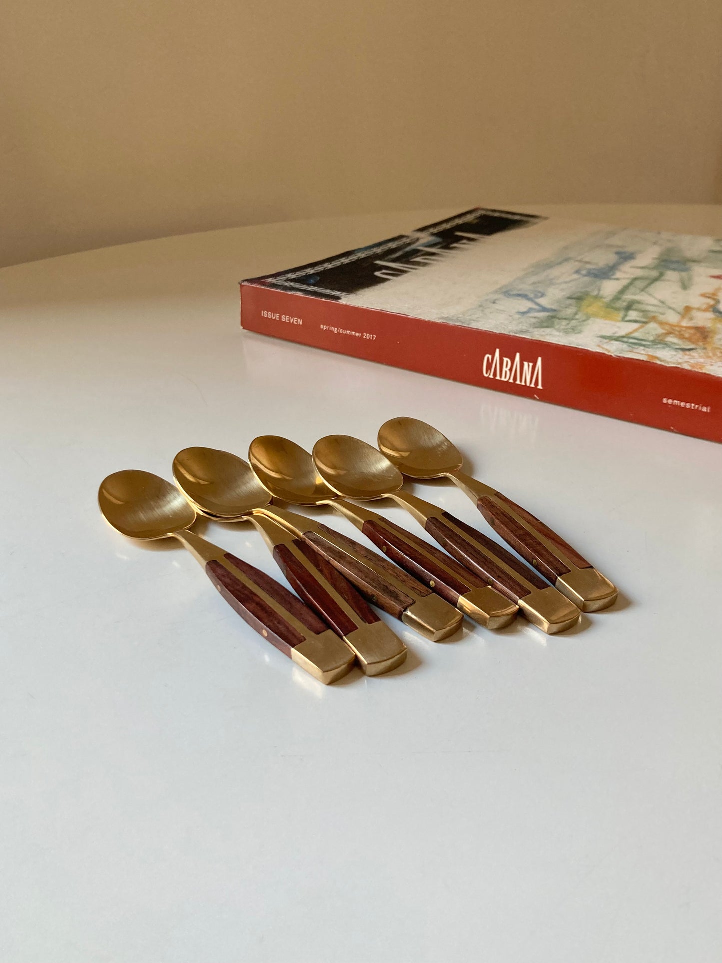 Set of 6 brass and teak teaspoons