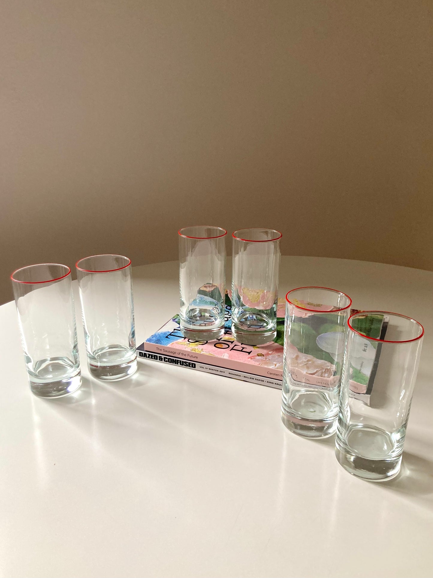 Set of 6 vintage glasses with red lines