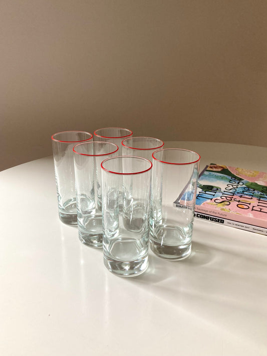 Set of 6 vintage glasses with red lines