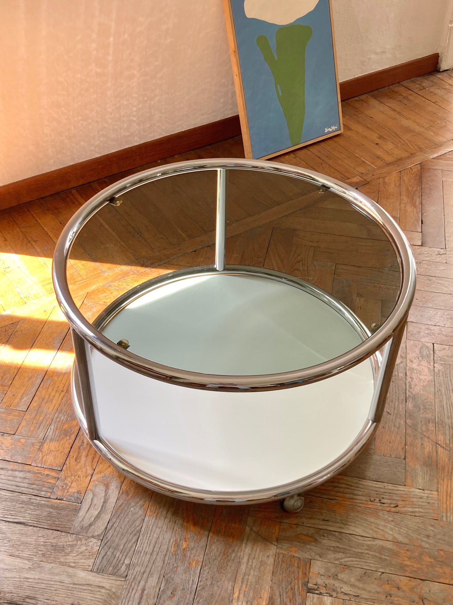 Vintage round coffee table with chrome profiles