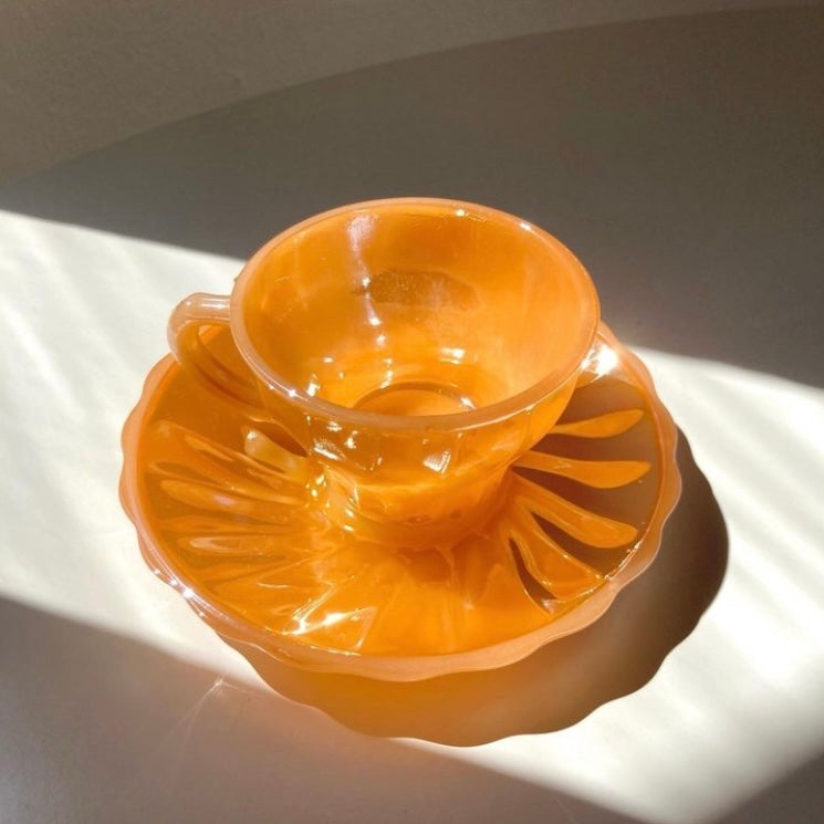 Orange iridescent glass coffee cup set