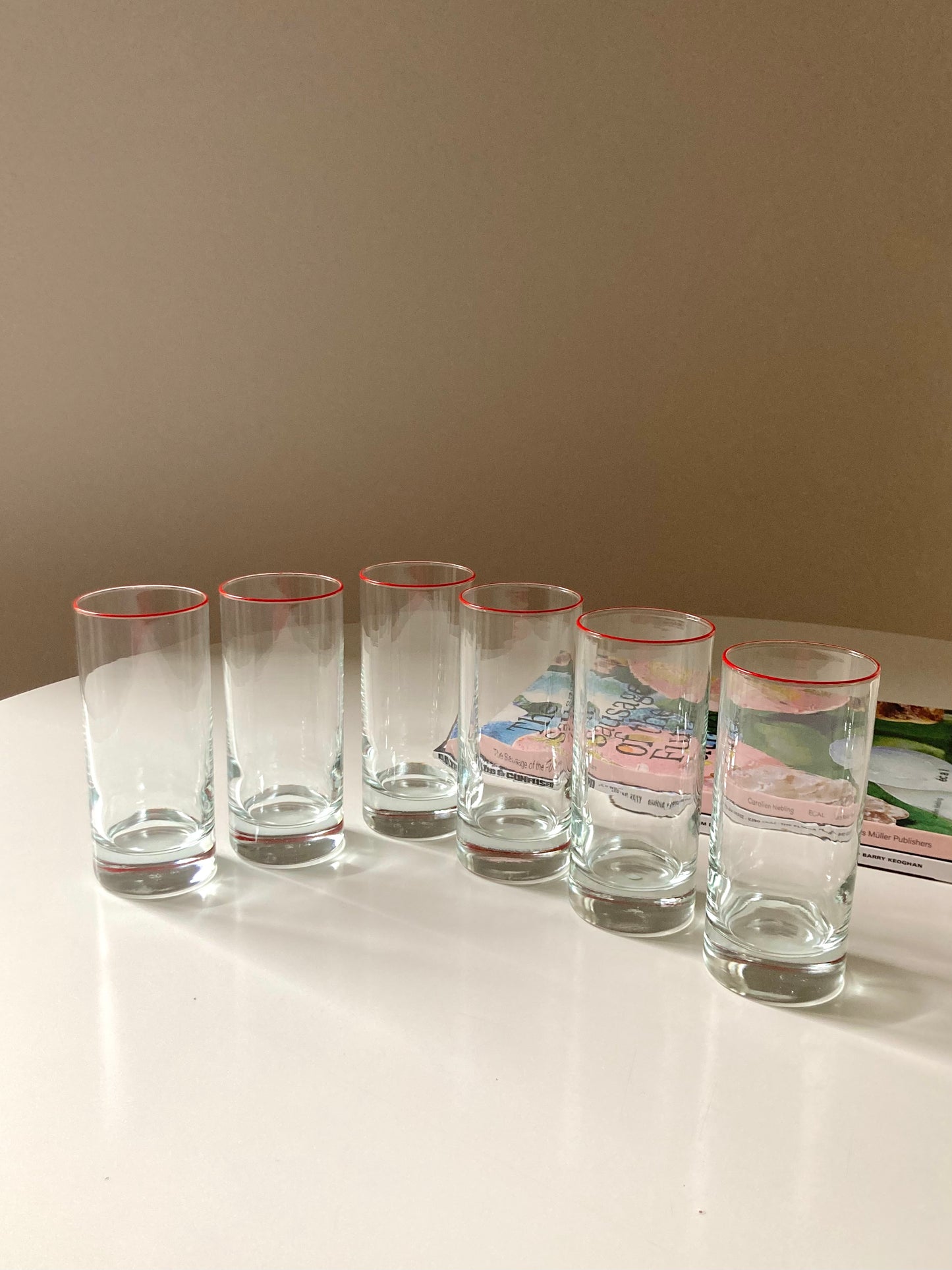 Set of 6 vintage glasses with red lines