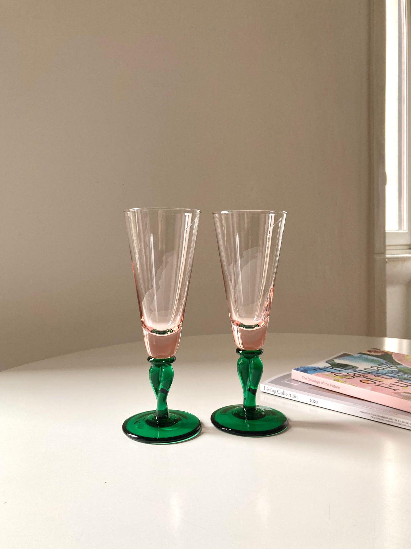 Large vintage pink and green flute glasses