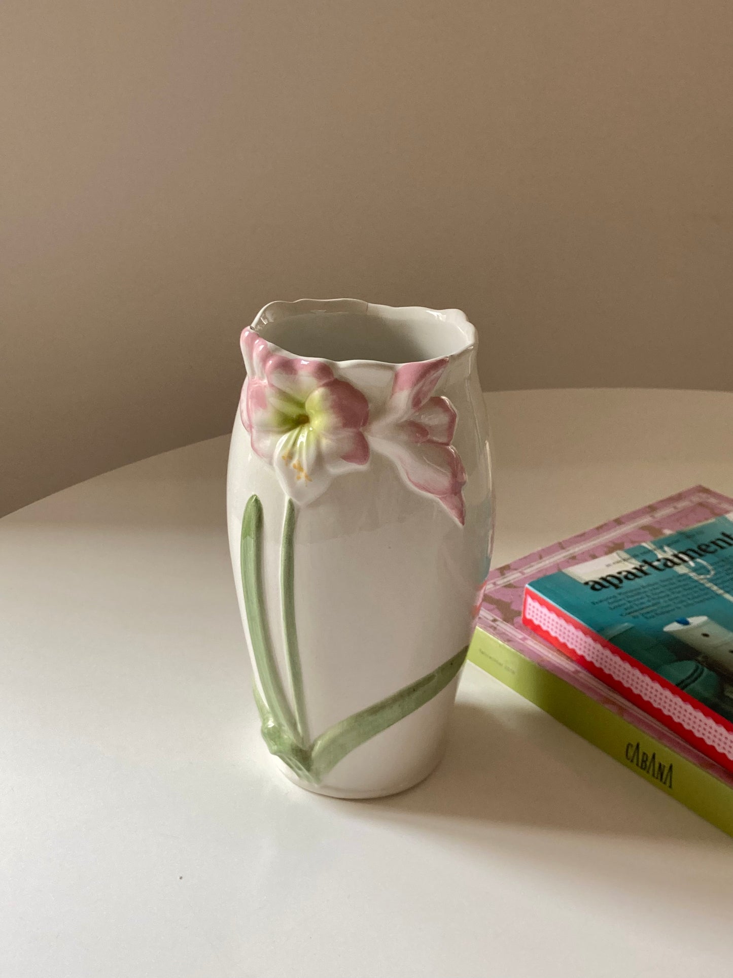 Ceramic vase with pink flowers