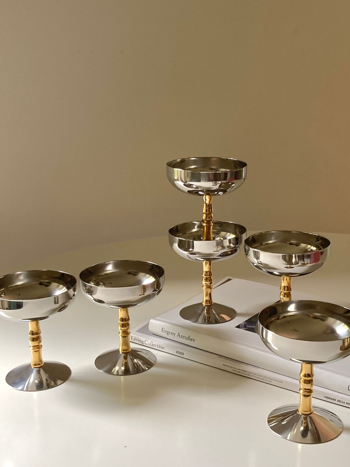 Set of 6 steel cups with golden stem