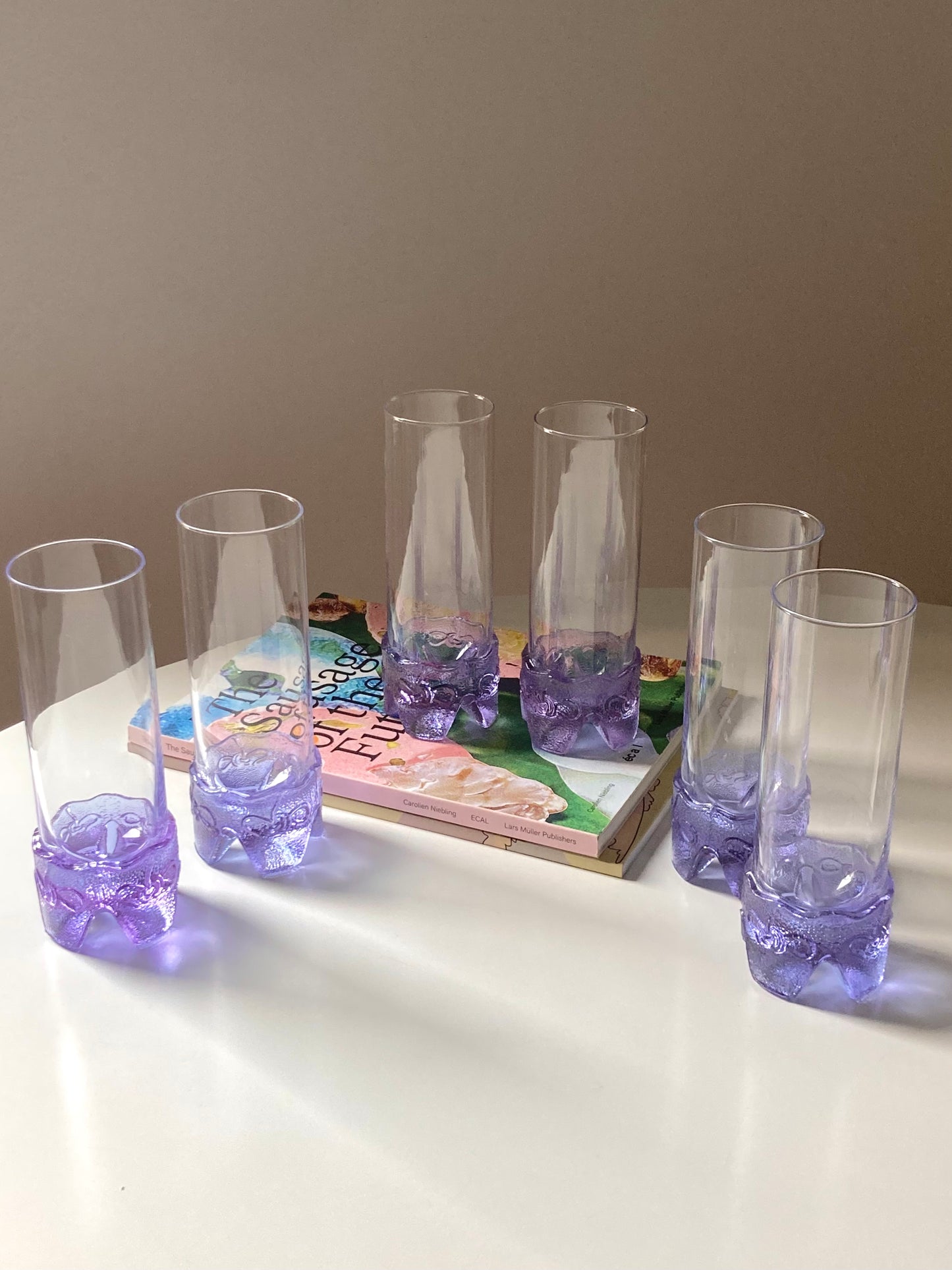 Set of 6 tall vintage glasses with lilac base